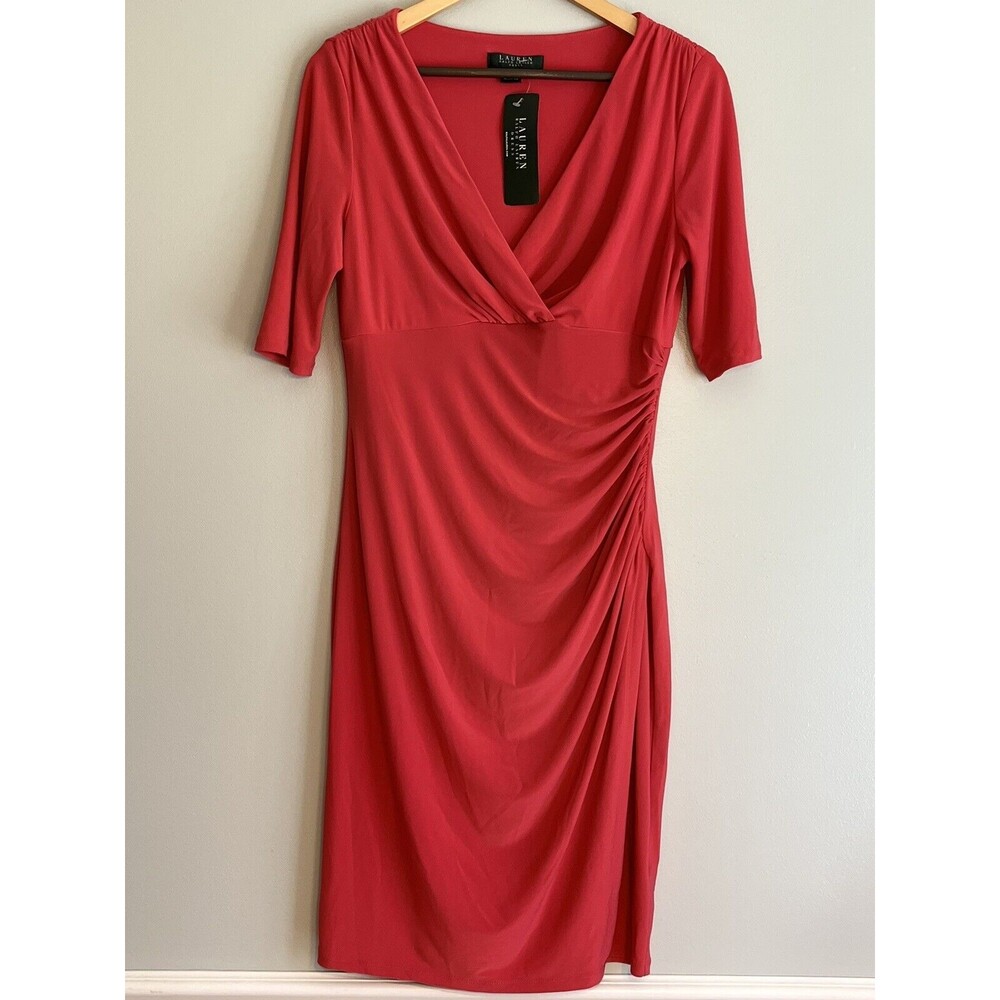 NWT Lauren Ralph Lauren Coral Dress Women’s Sz 10 V-Neck Side Rouching - Picture 1 of 11